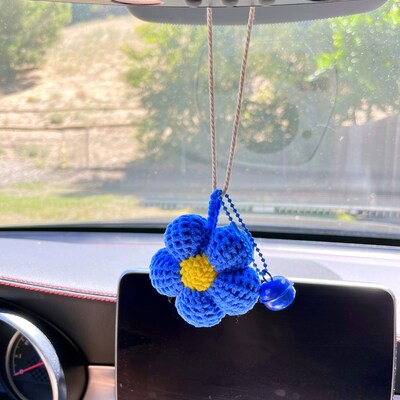 Crochet flower car accessories with bell, amigurumi flower car hanging, Knitted Flower for Interior car accessories, car decor or bag charm - image9